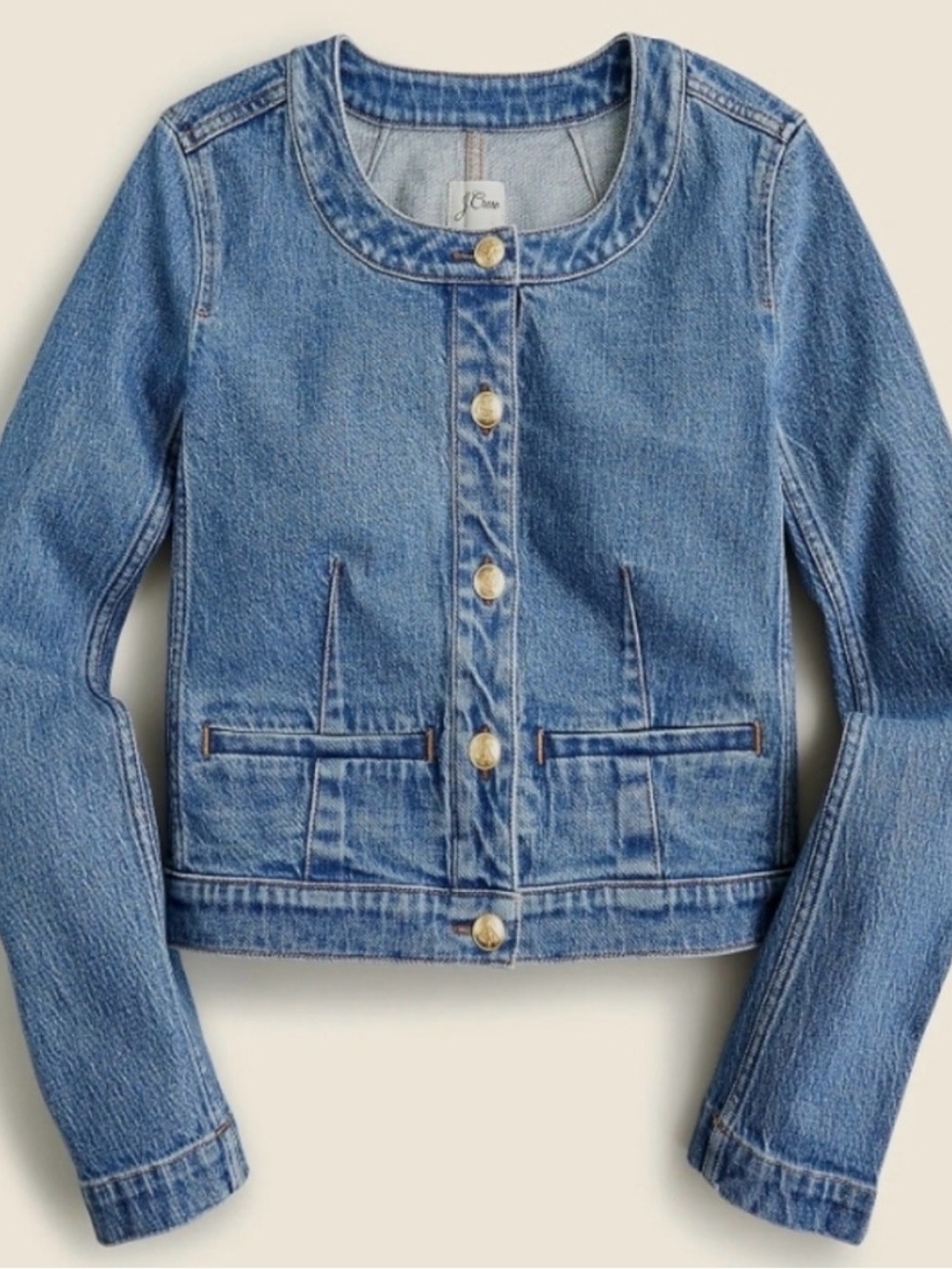 J. Crew Lady Jacket in Denim Button-Front, Collarless Jacket - Blue